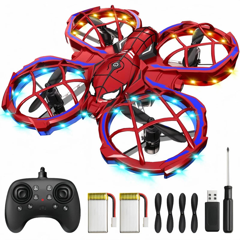 Red kids RC mini drone with four propellers and ring LED lights, with controller