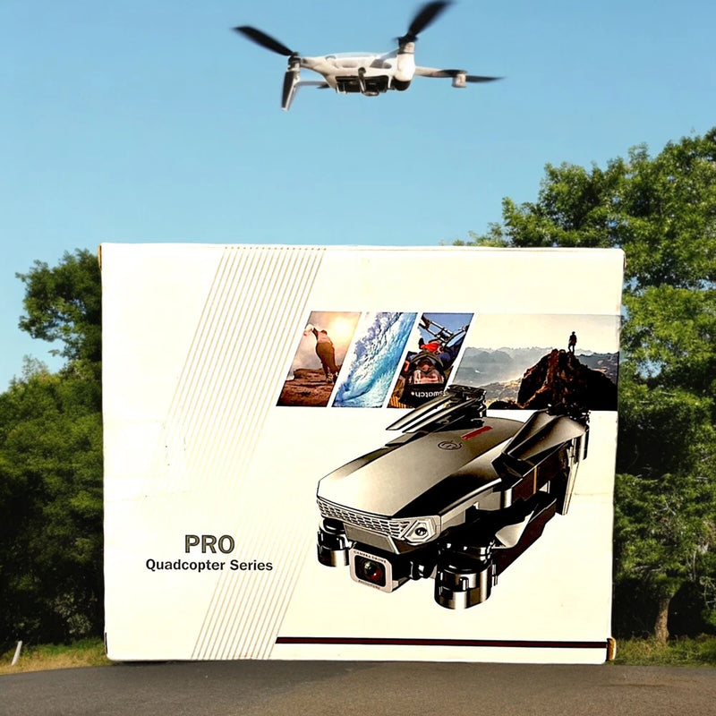 Pro quadcopter drone retail box with front drone photo and features