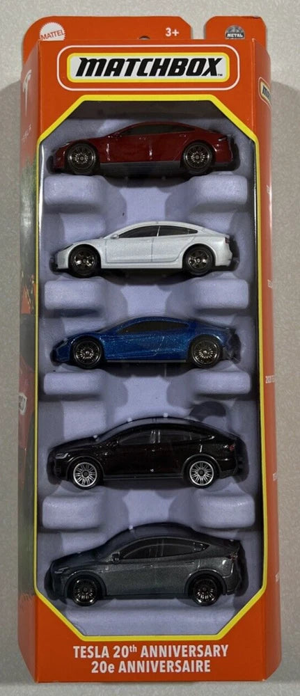 Matchbox Tesla 20th Anniversary 5-pack die-cast cars in blister tray