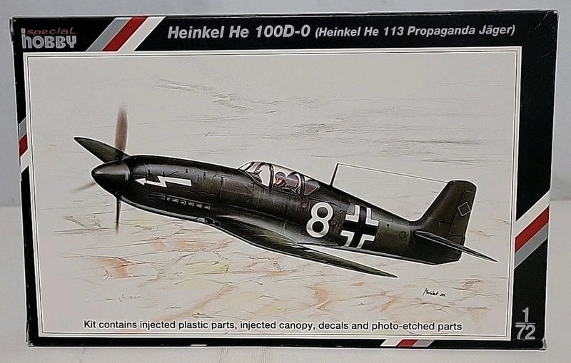 1/72 Heinkel He 100D model kit box with dark gray aircraft and decals