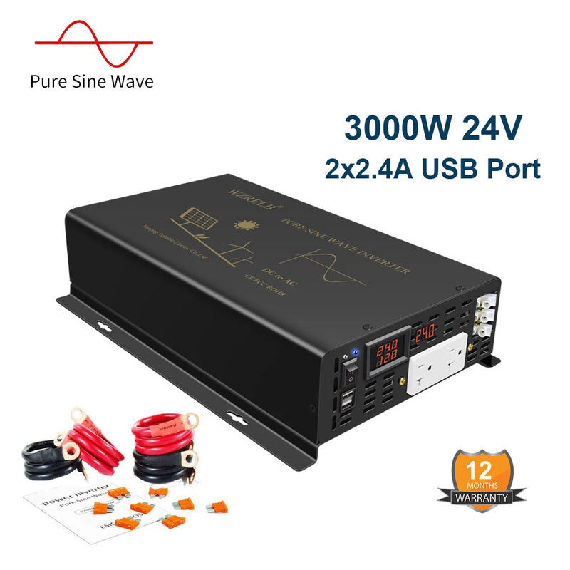 3000W  24VDC To 120VAC Pure Sine Wave Inverter Off-Grid  Motor RV with 2 USB