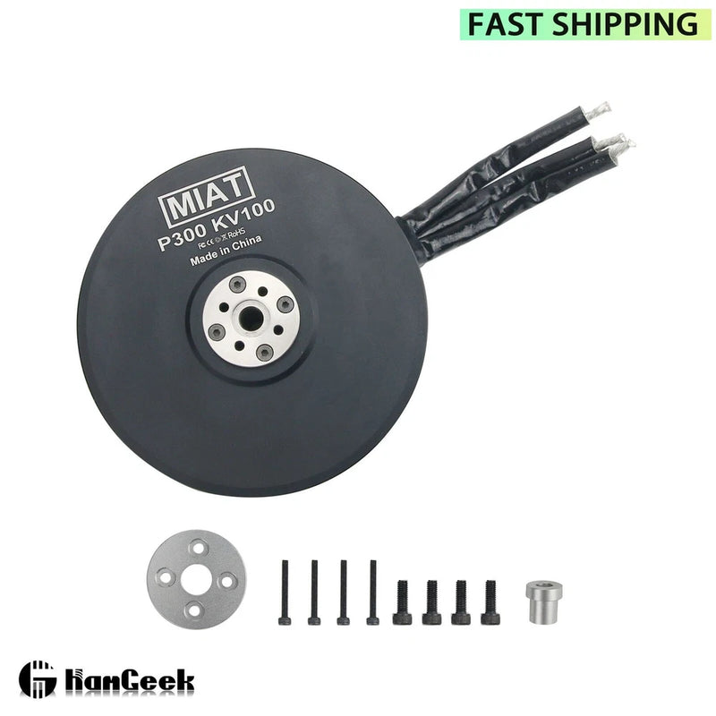 Brushless drone motor with circular stator, wiring leads, mounting hardware and bolts