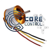 Brushless outrunner motor with gold housing and three color-coded wire leads