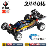 WLToys RC racing car with blue-and-black decals, four wheels, rear spoiler