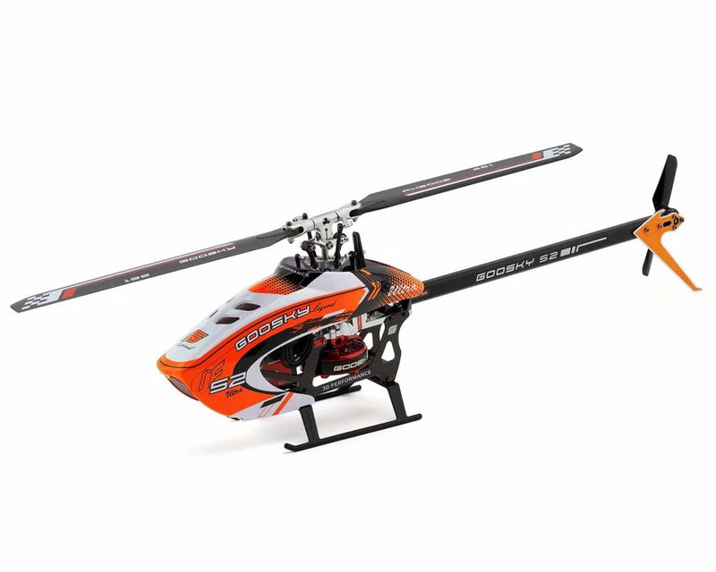 Orange RC electric helicopter with rotor, tail rotor, and landing skids