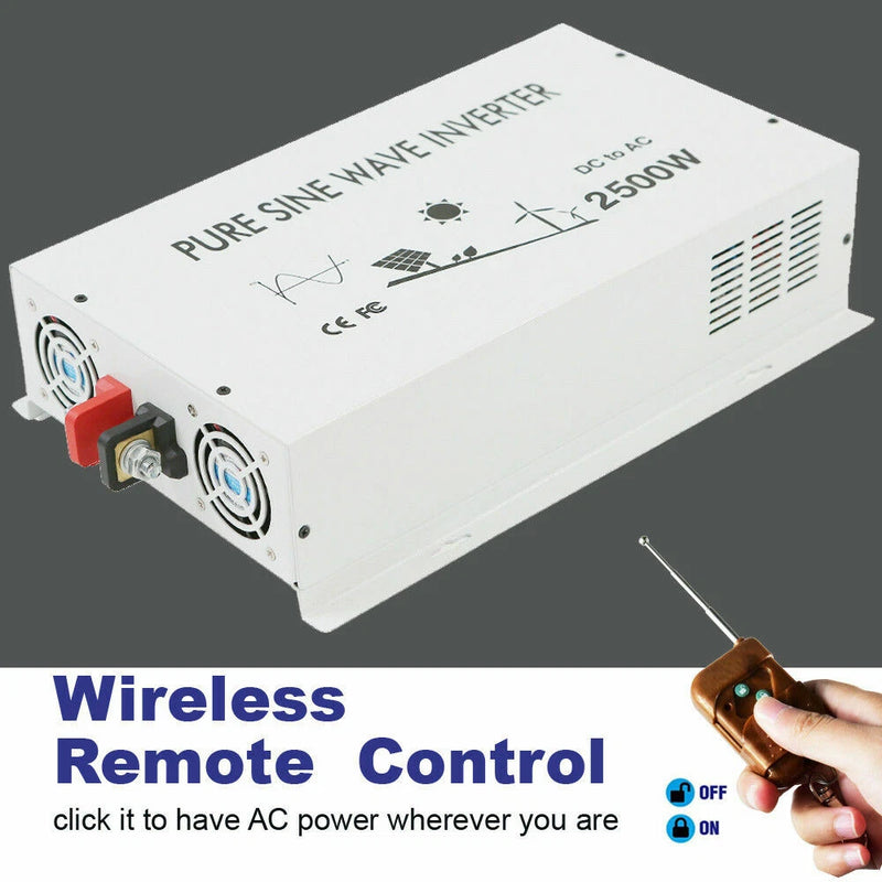 2500W Pure Sine Wave Power Inverter Convert 12V/24V to 120V/240V Remote Control Converter