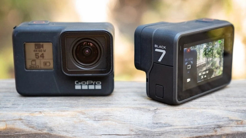 GoPro HERO7 Black waterproof action camera, front and rear views, with touch screen