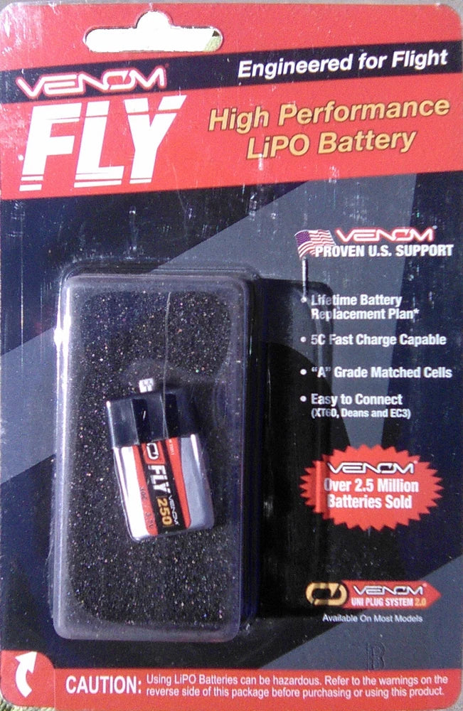 NEW VENOM FLY 30C 1S 250MAH 3.7V LIPO BATTERY WITH UNI 2.0 PLUG