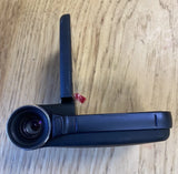POV helmet camera recorder with front lens and blue antenna, black body