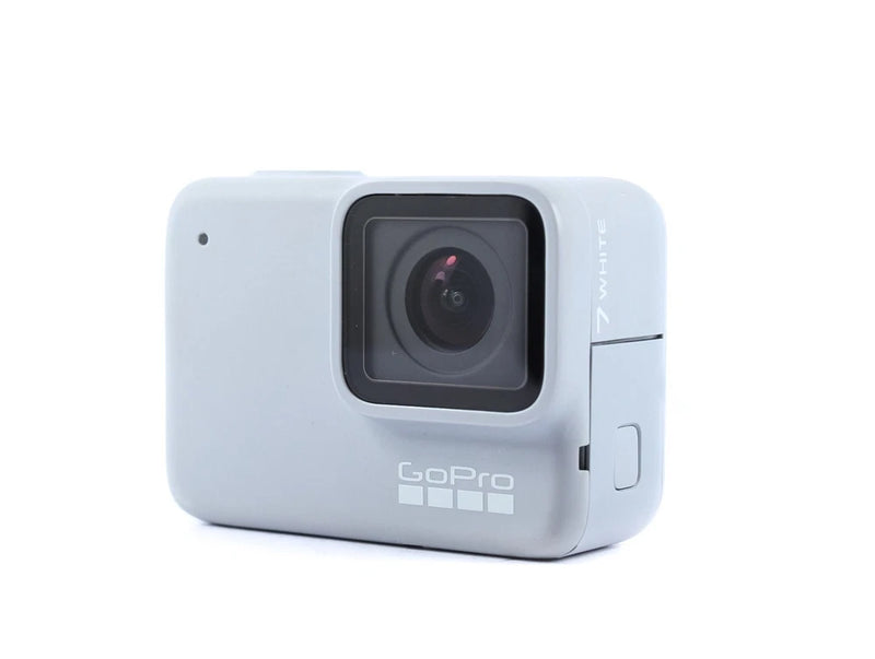 GoPro HERO7 waterproof action camera, white body, front lens window and side buttons