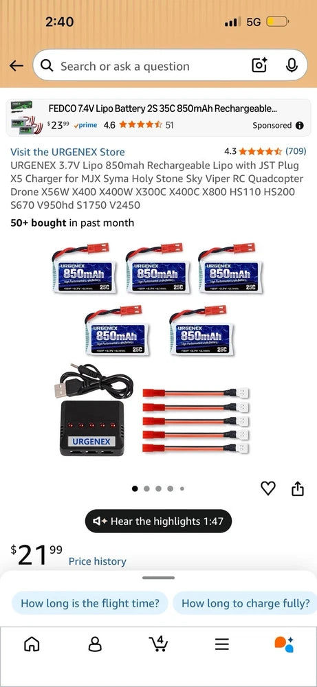 URGENEX 3.7V Lipo 850mah Rechargeable Lipo with JST Plug X5 2