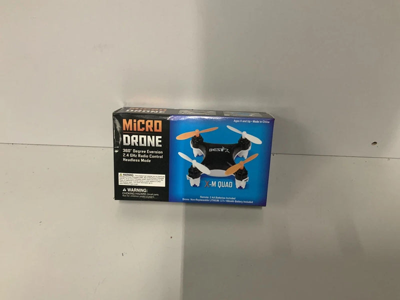 Micro drone X_M Quad retail box packaging with drone photo and blue accents