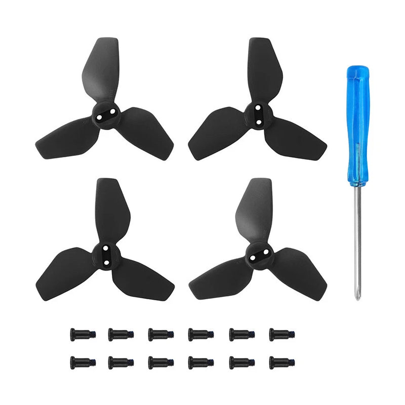Black quad propeller blades set with screwdriver tool, 8 screws