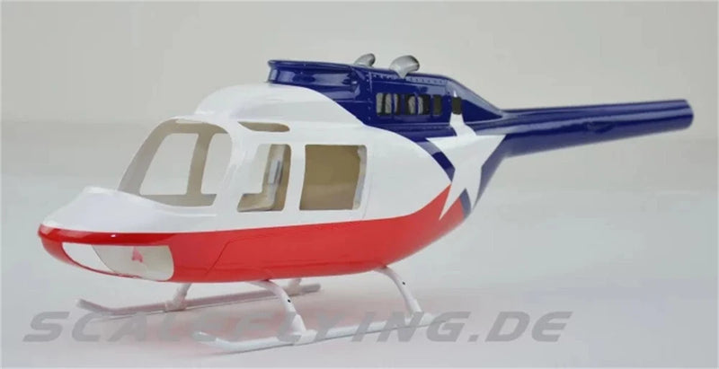 RC helicopter fuselage in white with red stripe and blue cockpit fairing