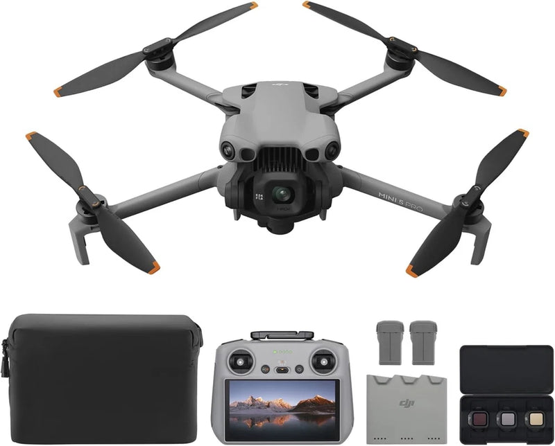 DJI Mini 5 Pro drone with remote controller, screen, batteries, and carrying case