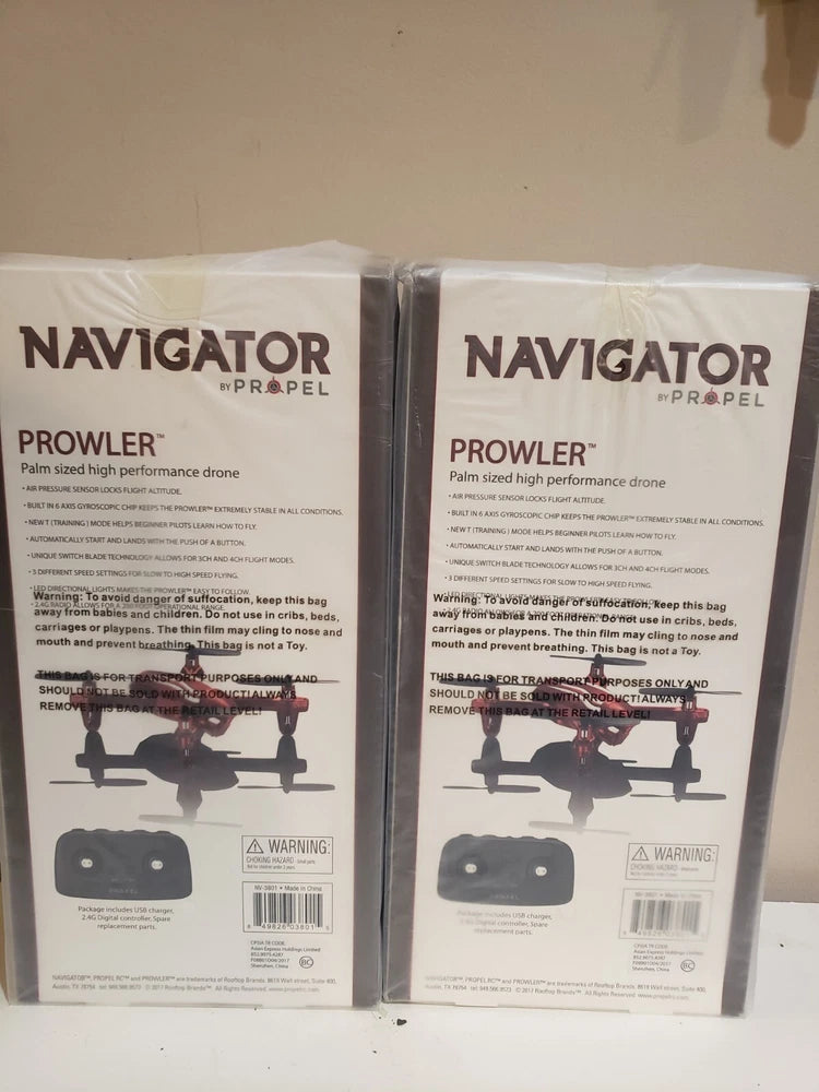 Palm-size stunt drone in retail box, Navigator Prowler, with red drone graphic