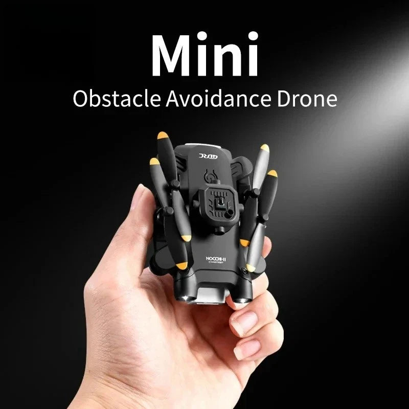 Mini obstacle-avoidance quadcopter drone, black with orange prop tips, camera front