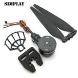 Hobbywing X8 plane power system combo: black circular module, wiring, propeller, guards