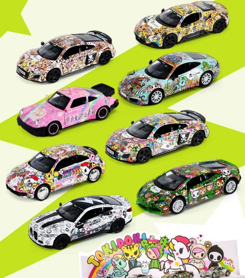Tokidoki x Audi Porsche 1:36 die-cast printed car model collection with multiple decorated cars