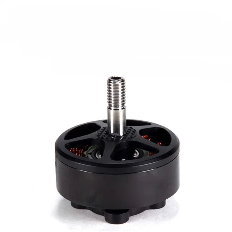 Black RC brushless motor with threaded shaft and round mounting base