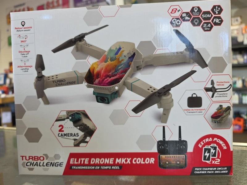 Rechargeable foldable quadcopter drone with two cameras, shown in retail box