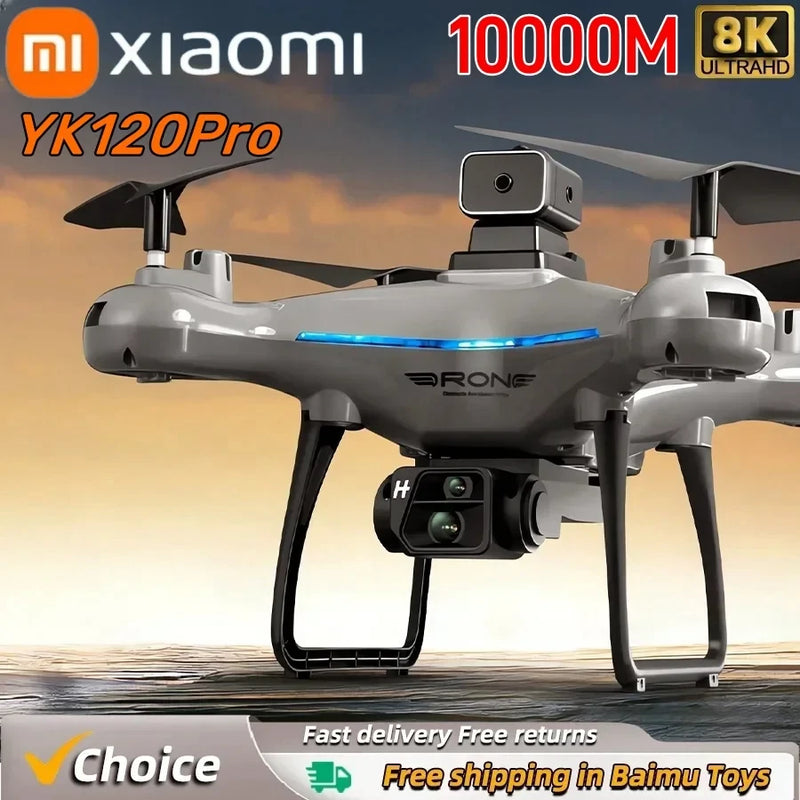Dark gray quadcopter drone with front dual camera and four propellers, landing gear