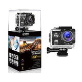 4K action sports camera retail box and front view of WiFi waterproof case
