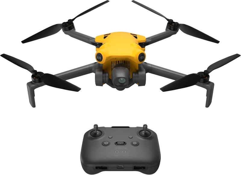 Yellow quadcopter drone with front camera, four propellers, and black remote controller