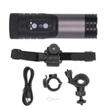 Black bike helmet action camera kit with mounting strap, lens ring, and cable