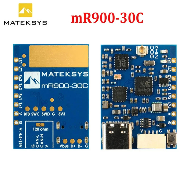 mR900-30C CAN receiver PCB, blue circuit board with MATEKSYS label and solder pads