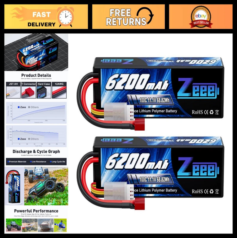 High-Performance 3S Lipo Battery 6200mAh 11.1V 100C Hard Case for RC Cars, Truck Battery