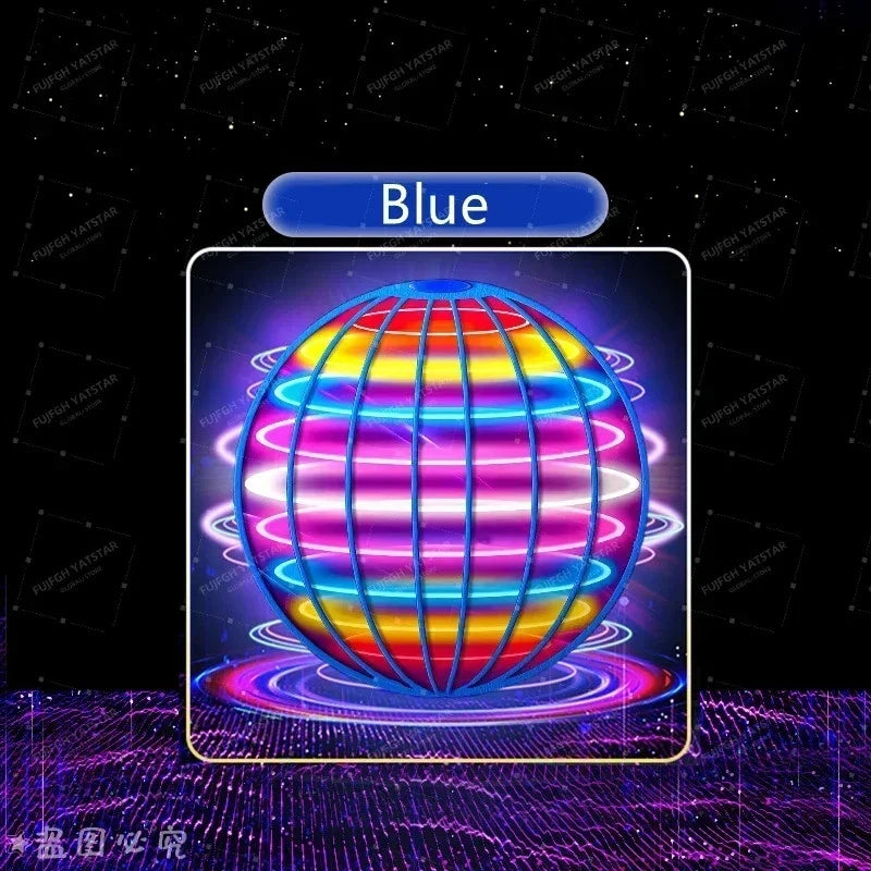 LED light flying orb drone with colorful glowing globe and blue shell ring