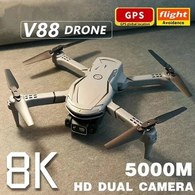 White mini drone with four propellers and gimbal camera