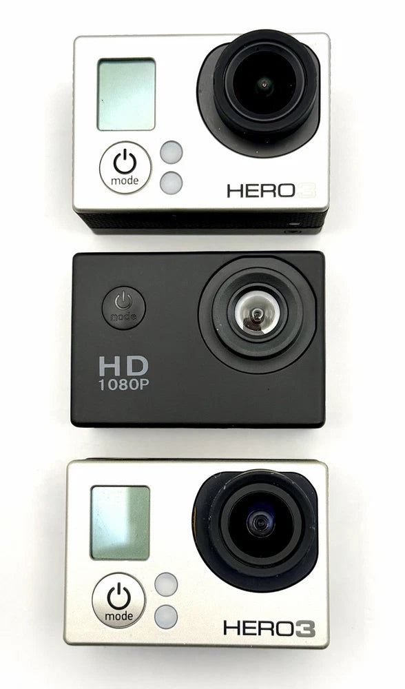 GoPro action camera lot: white HERO3 and black HD 1080P camera with lens