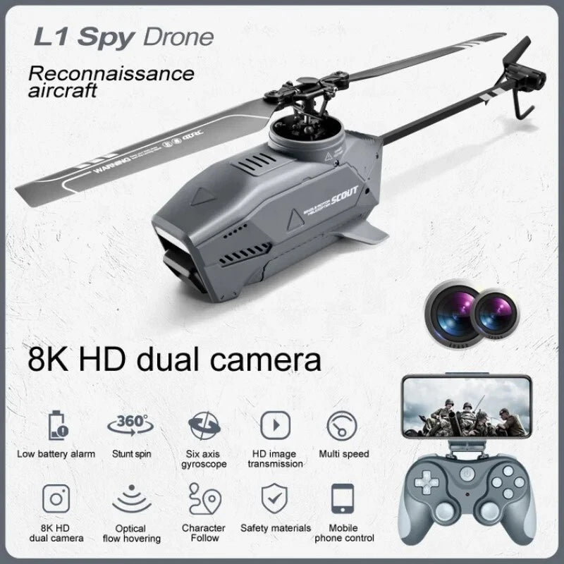 Mini spy drone with dual camera lenses and four propellers, shown with remote controller