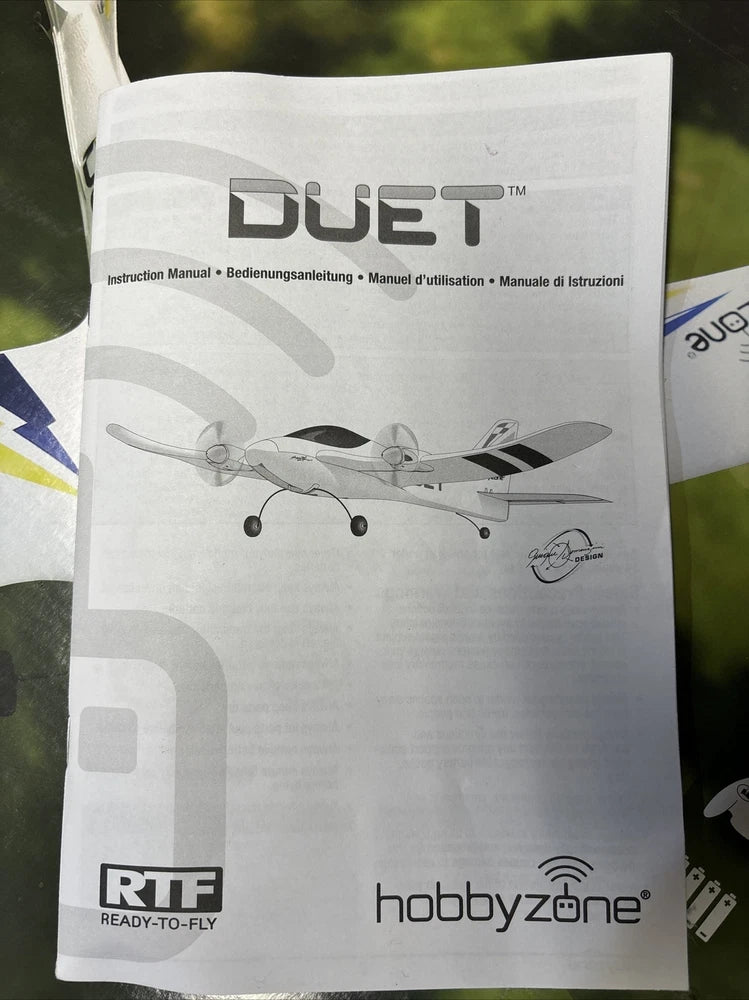 Duet instruction manual with aircraft illustration, RTF ready-to-fly and hobbyzone logos