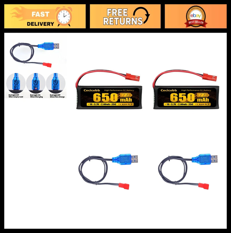 650mAh 3.7V LiPo Battery with JST Plug for RC Drone Quadcopter - 2 Pack + USB Ch Battery
