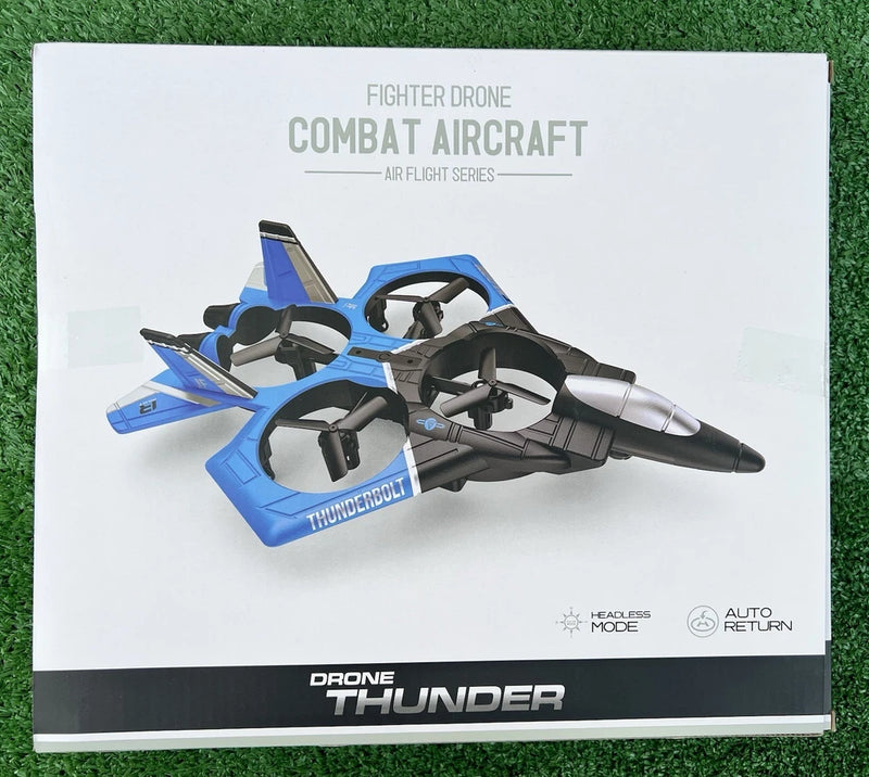 Blue and black fighter drone with four rotors on a display card