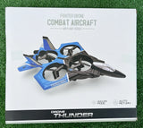 Blue and black fighter drone with four rotors on a display card