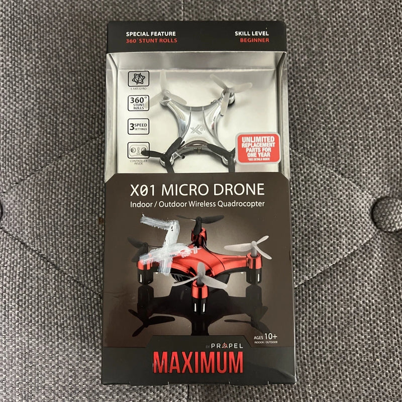 X01 micro drone wireless quadcopter retail box with red/black drone image