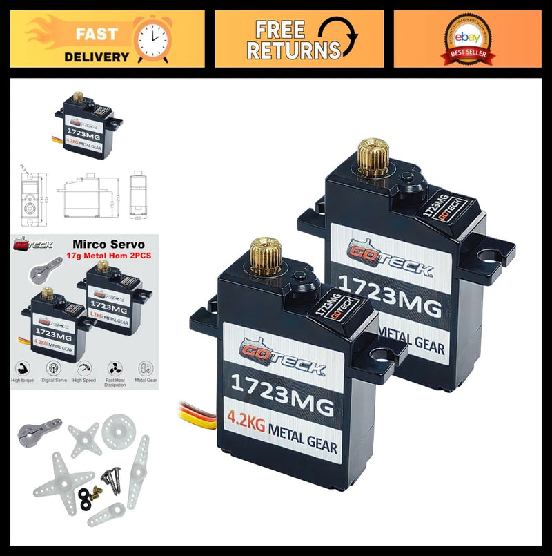 Pair of black micro digital metal-gear RC servos with gold 25T horns