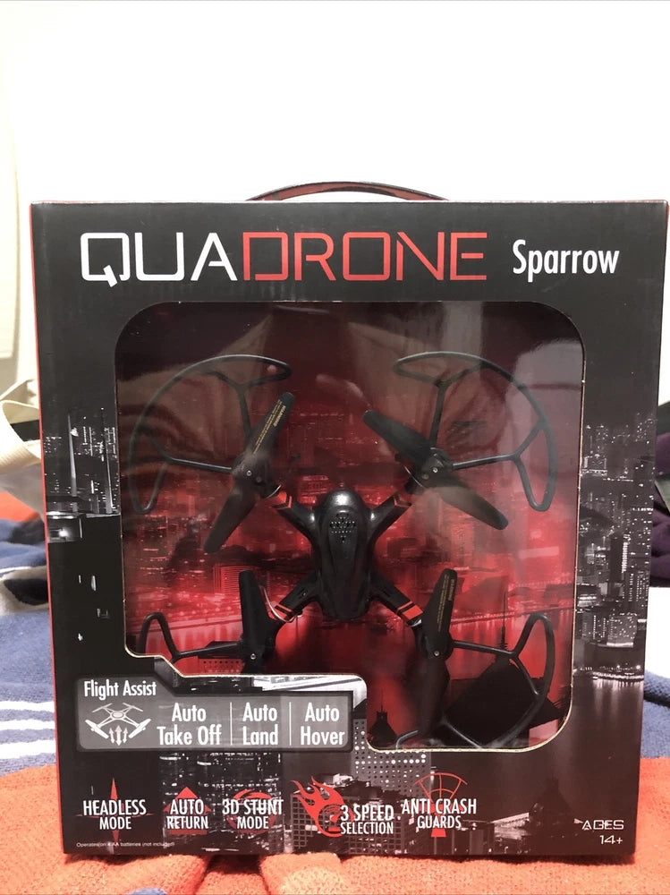 QuadDrone Sparrow drone retail box with clear window showing red-black quadcopter