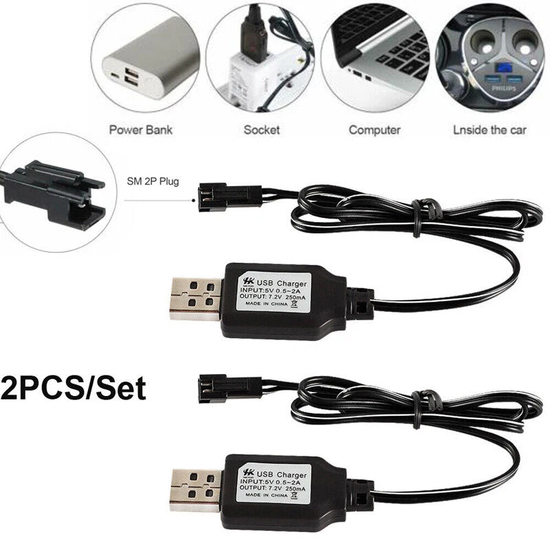 2PCS SM 2P Plug NI-MH Battery USB Charger Cable 7.2V for RC Car Battery toy Battery