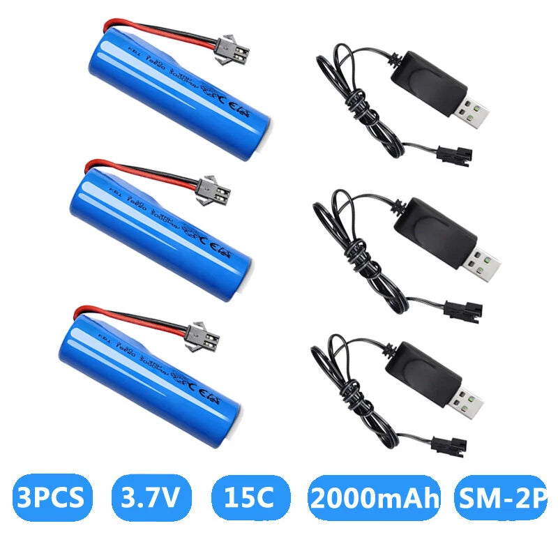 3 Pcs 3.7V 2000mAh SM-2P Plug Rechargeable Battery + USB Cable for RC Cars Boats