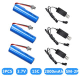 3 Pcs 3.7V 2000mAh SM-2P Plug Rechargeable Battery + USB Cable for RC Cars Boats