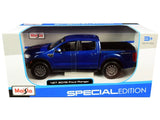 Blue 1:27 Ford Ranger pickup truck model, die-cast, side view in display box