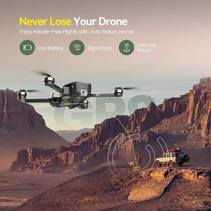 Black quadcopter drone with camera, four rotors and landing legs