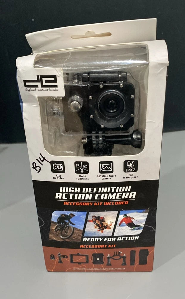 Action camera accessory kit in retail box, with black action camera behind clear cover