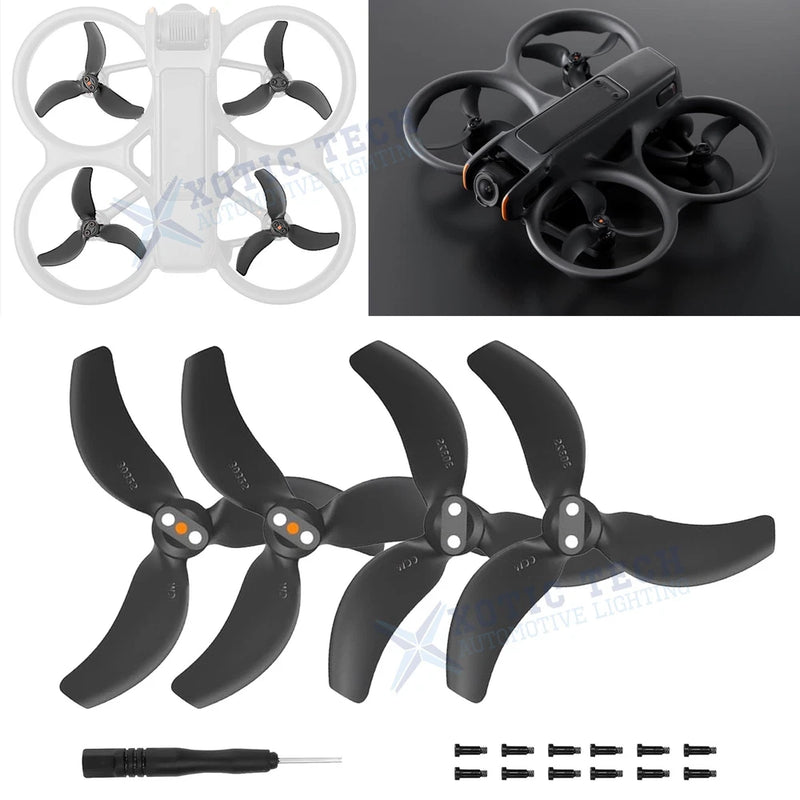 Set of 4 black-tip drone propeller blades with screws and mini screwdriver