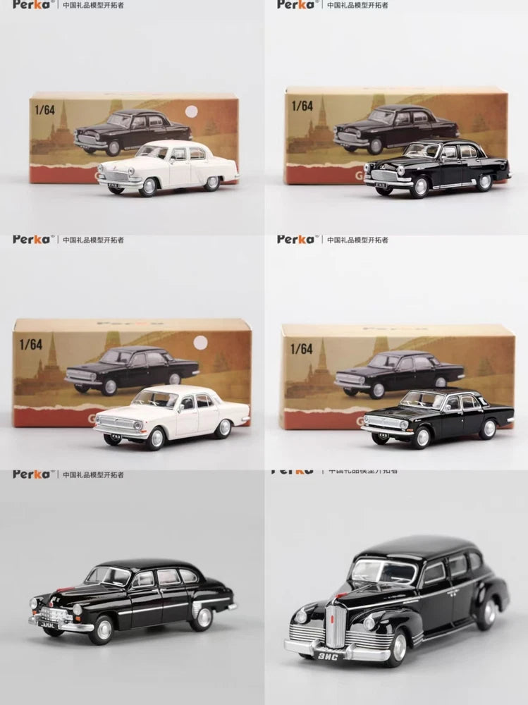 1:64 alloy GAZ die-cast car models, black and white, in display boxes